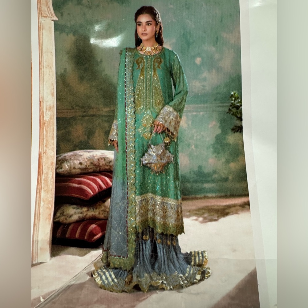 Elegant chiffon kameez, crushed sharara and chiffon dupatta